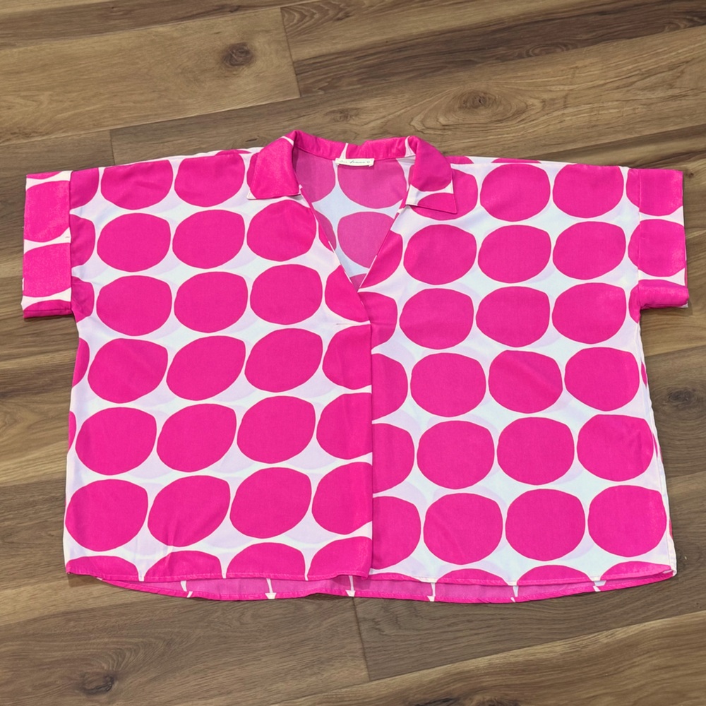 Ces Femme Collared Popover Top - Pink & White Polka Dot - Size Large